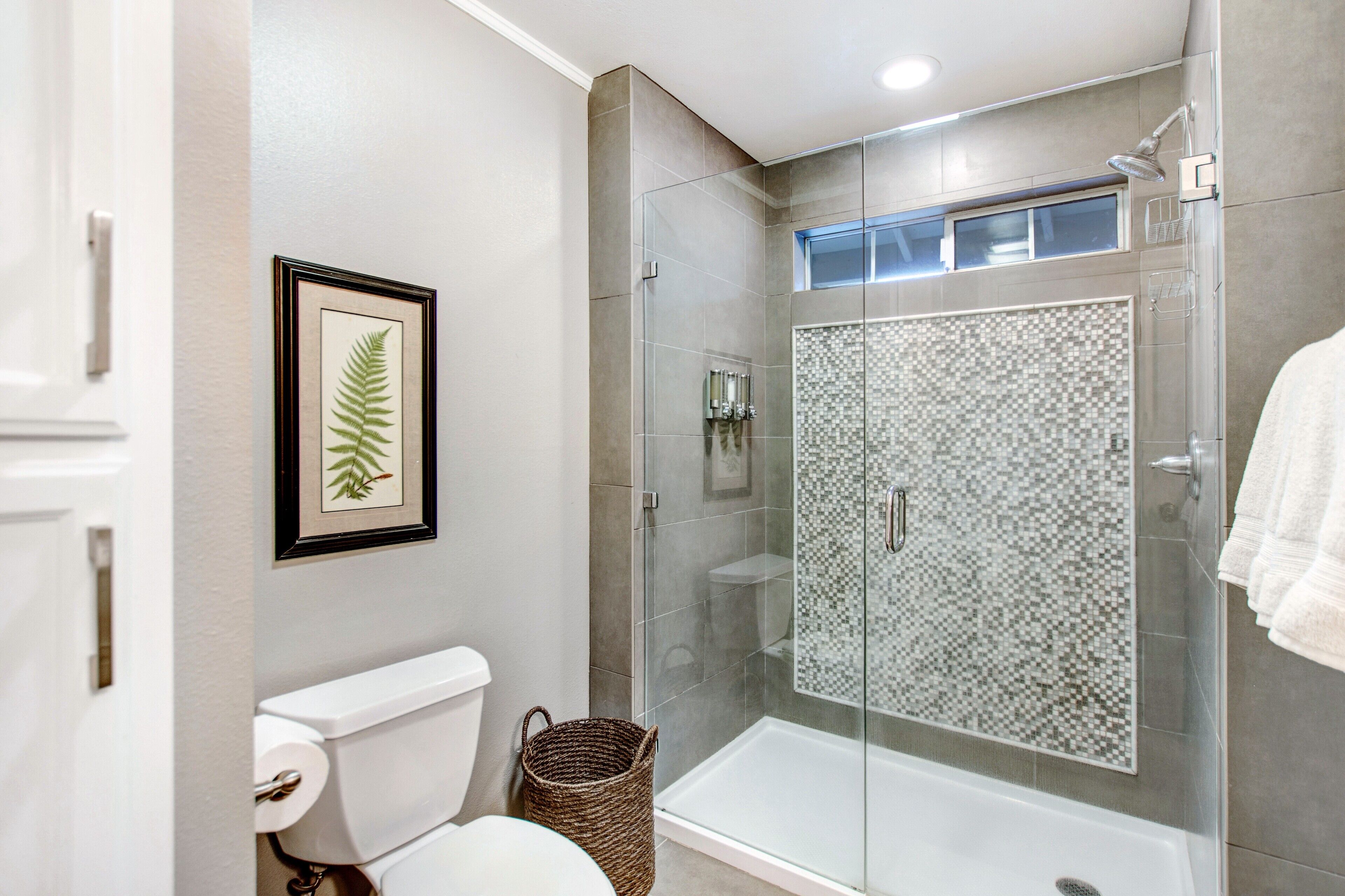 Hair dryer, towels, soap, toilet paper