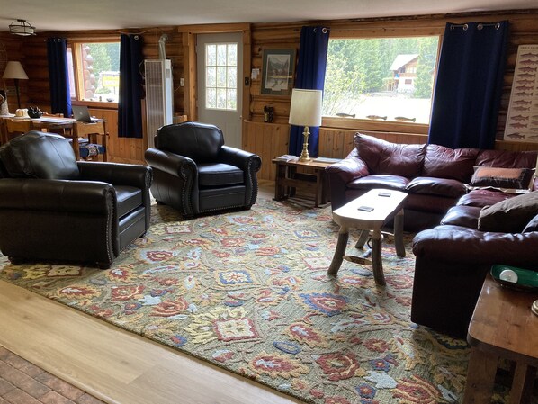 Fireplace, books, computer monitors, printers