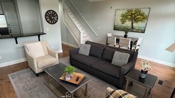 TV, fireplace, video library