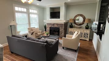 TV, fireplace, video library