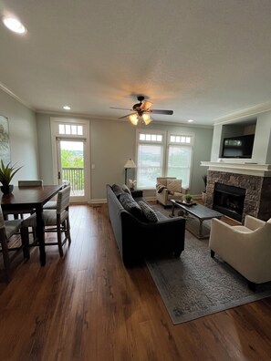 TV, fireplace, video library