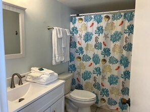 Hair dryer, towels, soap, toilet paper