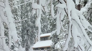 Un sendero cubierto de nieve que lleva a un edificio con balcón.