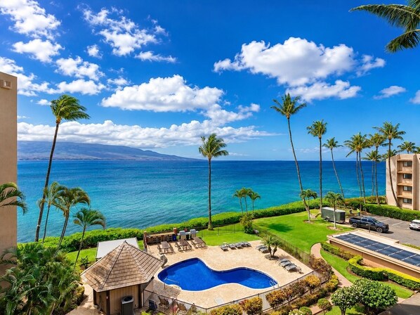 A resort with a swimming pool, palm trees, and a view of the ocean.