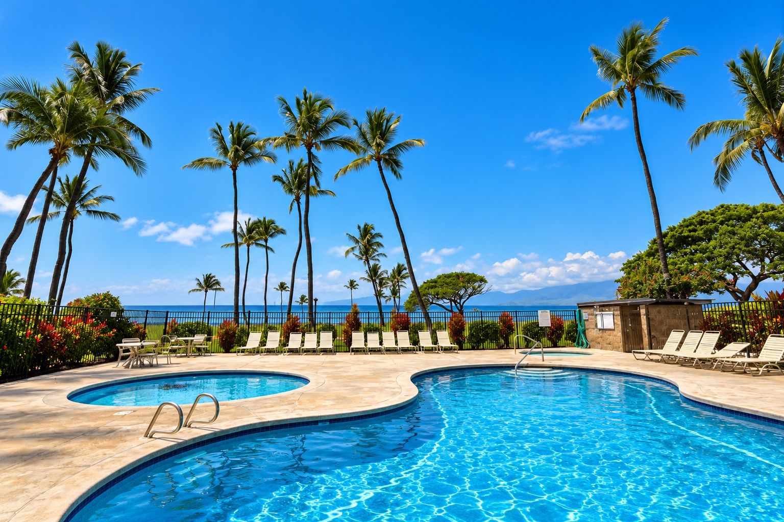A pool area with two swimming pools, palm trees, and a view of the ocean.