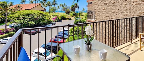 A balcony with a table, chairs, and a potted plant.