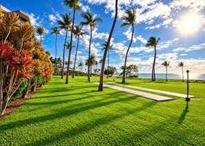 A well-maintained grassy area with a pathway, palm trees, and a clear view of the ocean. - Scenic Kihei Village by the Sea Renovated Condo Ocean Views Lanai Pool (Kihei)