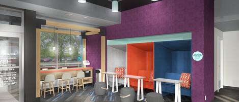A modern interior with seating areas, a counter, and a view of the outdoors.
