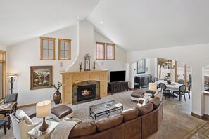 Smart TV, chimenea, reproductor de DVD, libros