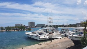 Un port de plaisance avec plusieurs bateaux amarrés, un ciel dégagé et des bâtiments en arrière-plan.