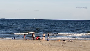 Een strand met mensen en een schip in de verte.