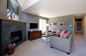 Téléviseur connecté, foyer, lecteur de DVD, livres