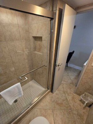 Regadera, secadora de cabello, toallas, papel de baño 
