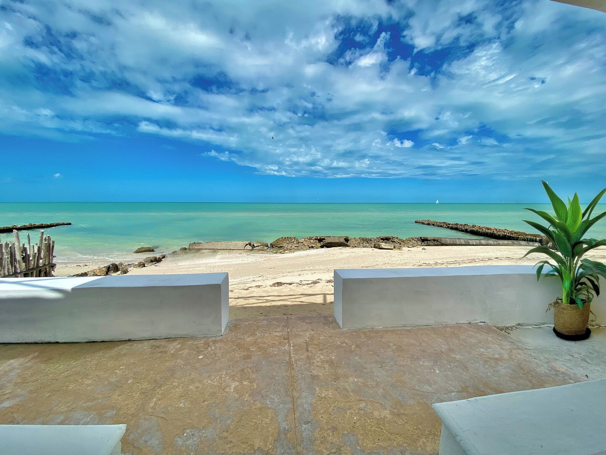 On the beach, sun-loungers, beach towels