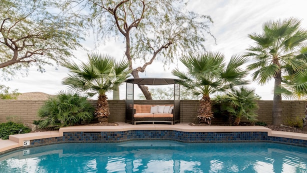 A swimming pool with a built-in bench, surrounded by palm trees and a brick wall. - The Best Of Ahwatukee (Phoenix)