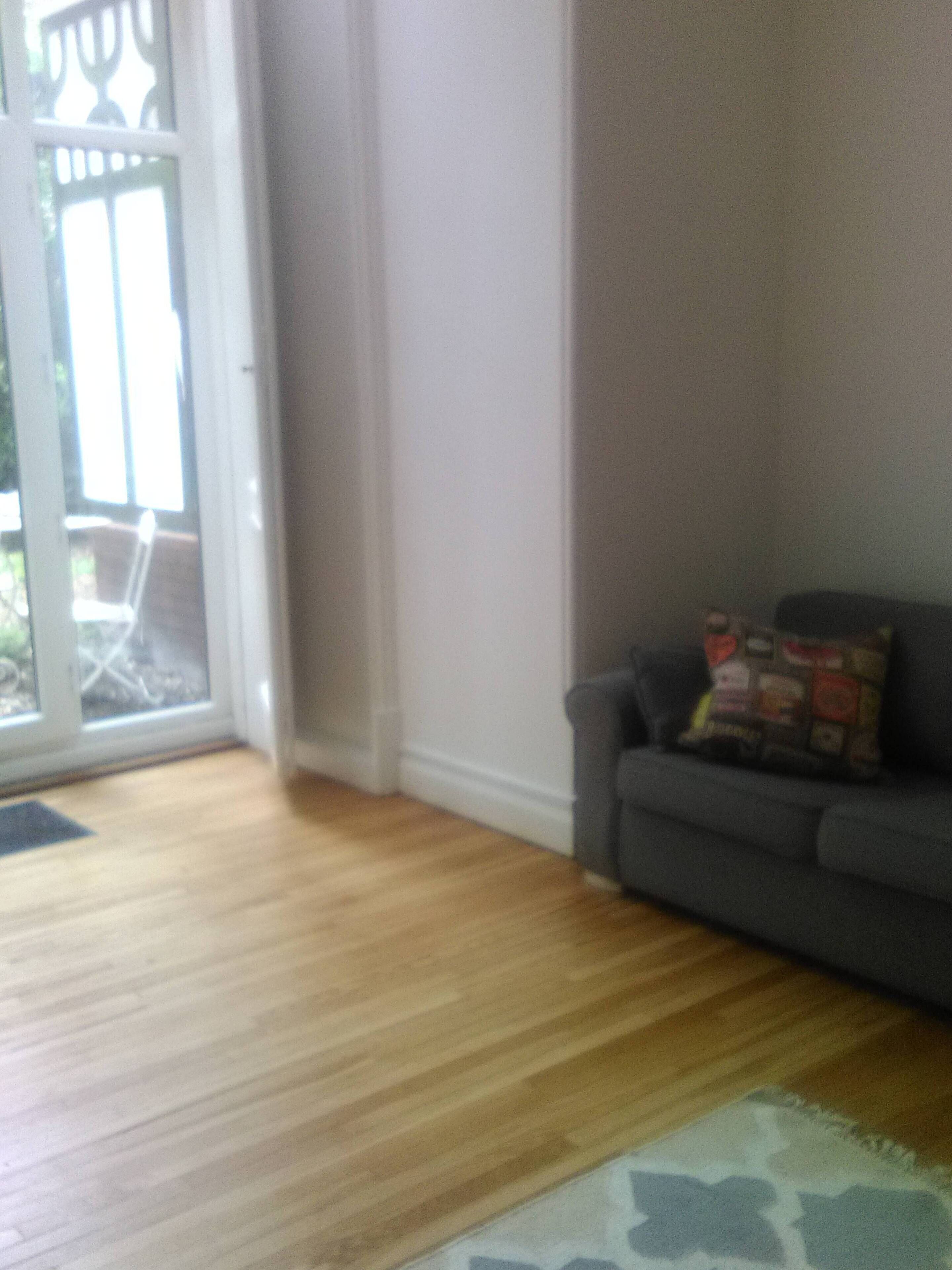 Um quarto com piso de madeira, sofá cinza e tapete estampado.
