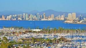 A marina filled with boats, a city skyline with modern buildings, and mountains in the background. - Across the street from the beach in Del Mar!  1757 Coast Blvd (Del Mar)