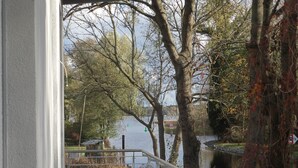Vista desde una ventana sobre un lago con árboles y un muelle.
