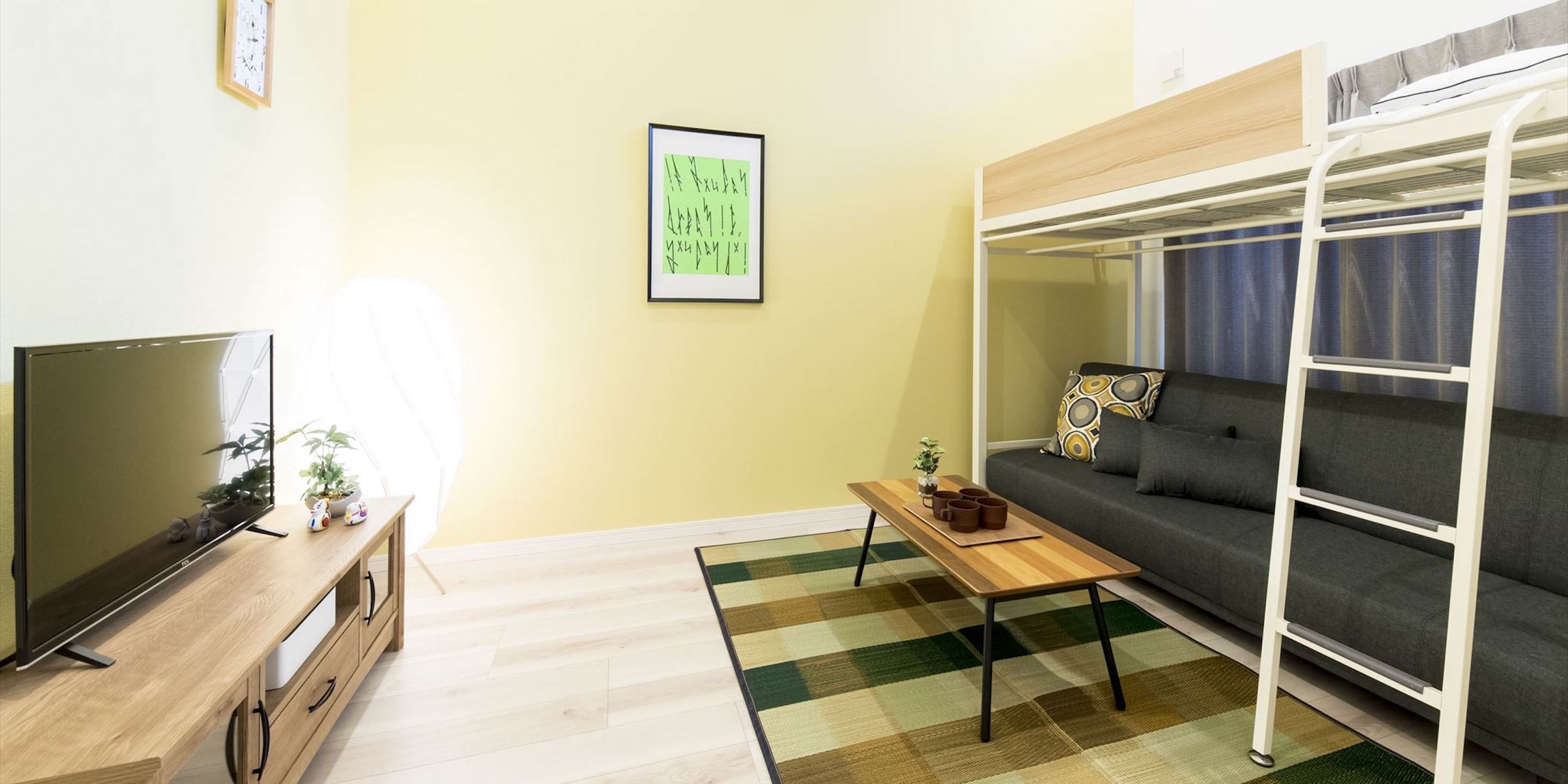 Un espacio habitable compacto con un sofá, un televisor sobre un mueble de madera, una pequeña mesa con una planta, una alfombra a cuadros y una cama litera con cortina.