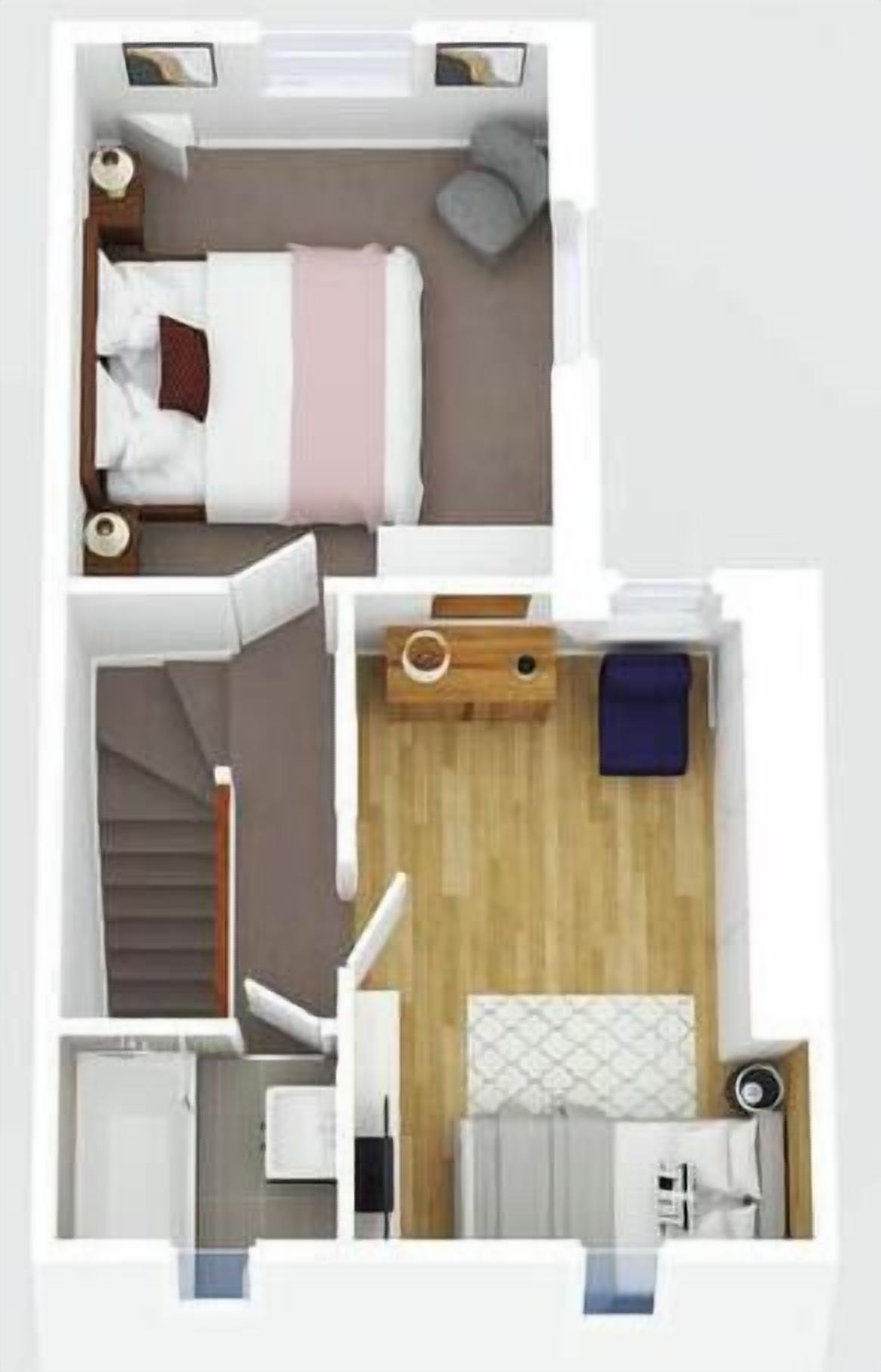 Pianta di un appartamento con due camere da letto, bagno separato, zona pranzo e piccola cucina.