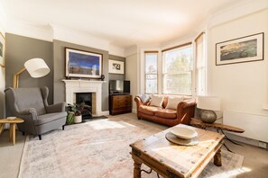 TV, fireplace, books