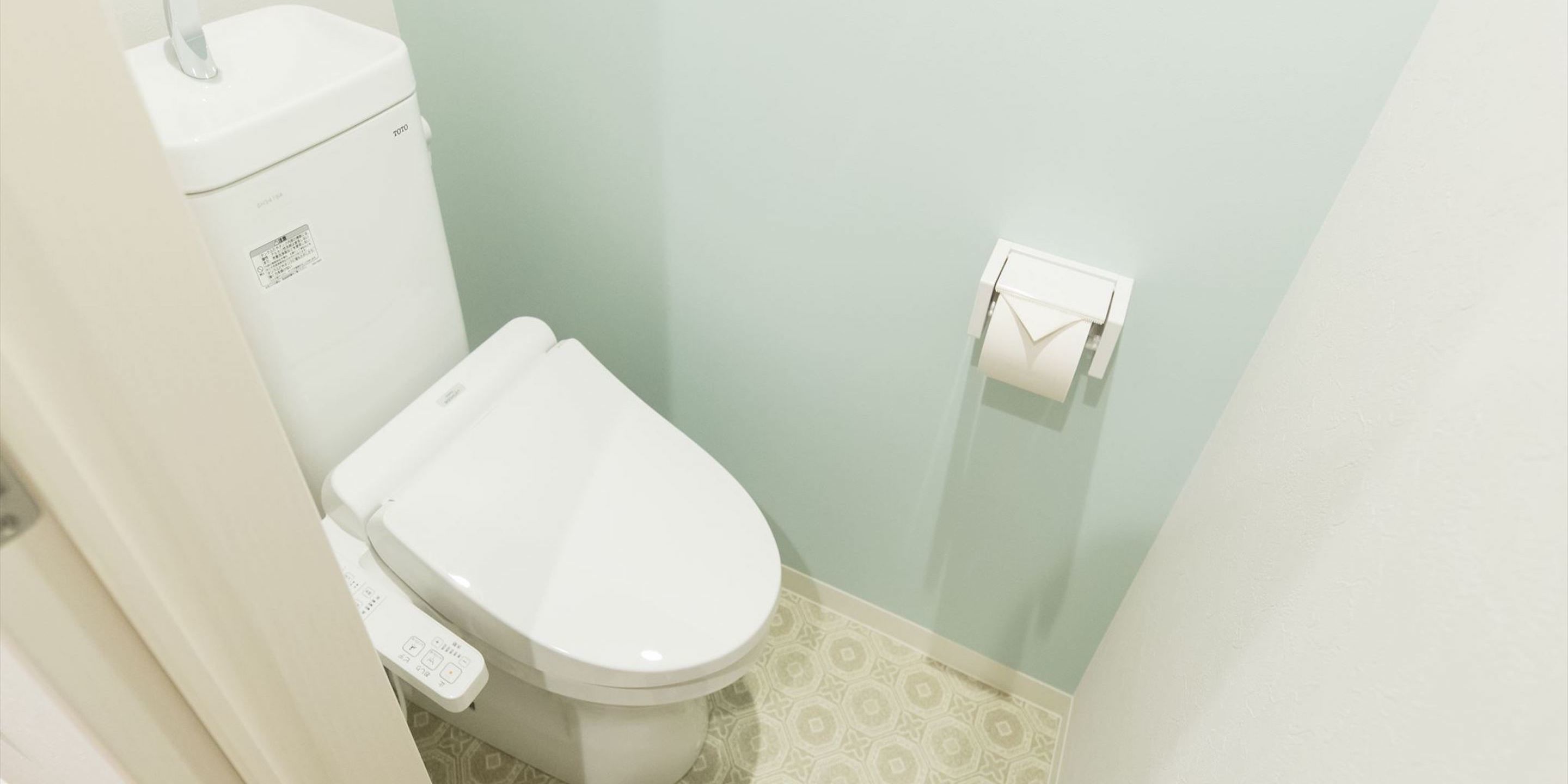 A small bathroom with a toilet, a toilet paper holder, and patterned floor tiles.