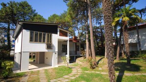 A modern two-story house with a stone pathway leading to the entrance, surrounded by trees and a well-maintained lawn.