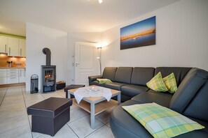 TV, fireplace, DVD player, books
