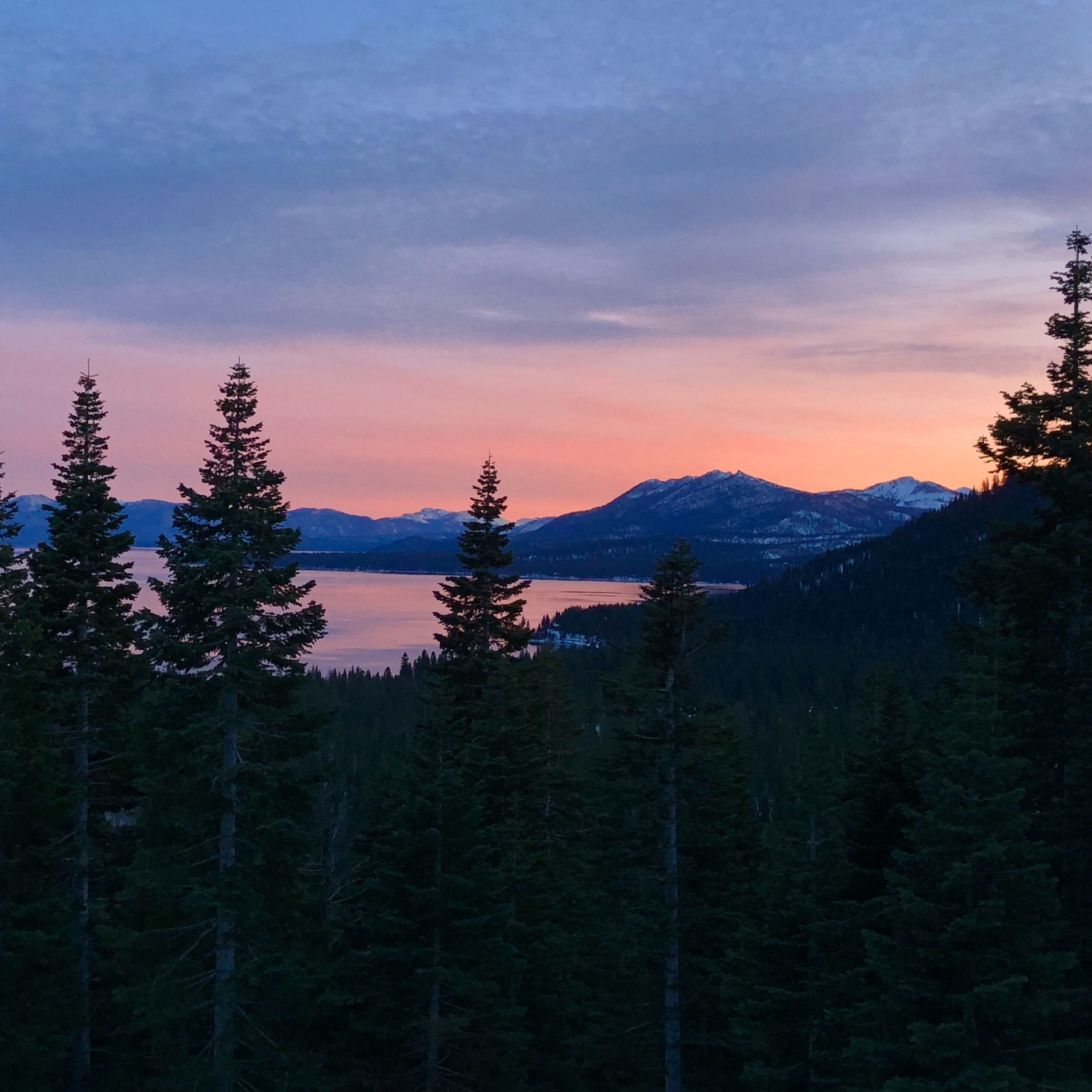 A mountainous landscape with a lake and dense forest.