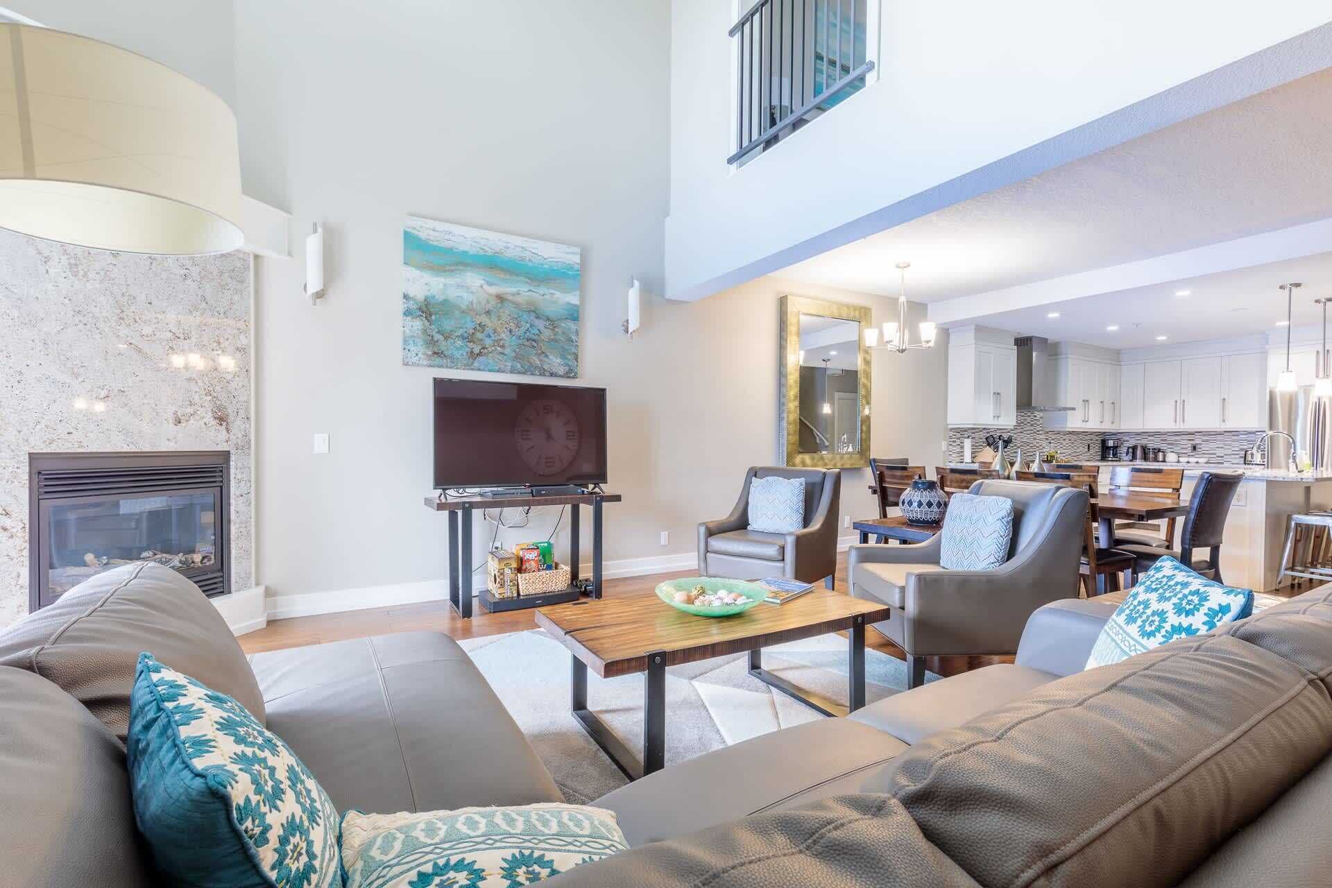 Smart TV, fireplace, video games, DVD player