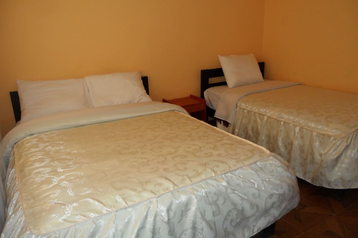 A room with two beds, each with a headboard and a pillow.