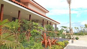 Un edificio con tejado de tejas y un espacio al aire libre cubierto, con plantas y una palmera.