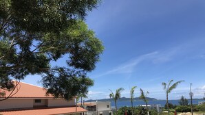 Un resort con terraza al aire libre, palmeras y vista al mar.