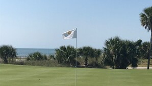 A golf course with a flag on a flagpole, palm trees, and a clear sky.