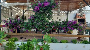 A covered outdoor area with potted plants and a stone wall. - Well-kept vacation home with pool and garden directly on the Cami de Cavalls. (Cala en Porter)