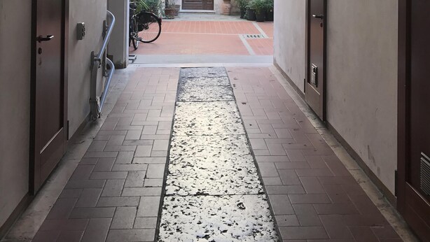 A corridor with a tiled floor, a hanging light fixture, and a door at the end. - Apartment in the historic center (Ferrara)