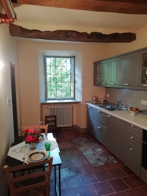 Fridge, oven, dishwasher, coffee/tea maker - Apartment  in the Castle of Robella on  the green hills of Monferrato.  (Robella)