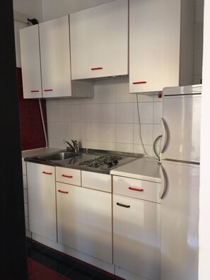 Kühlschrank, Herdplatte, Wasserkocher, Kochgeschirr/Geschirr/Besteck