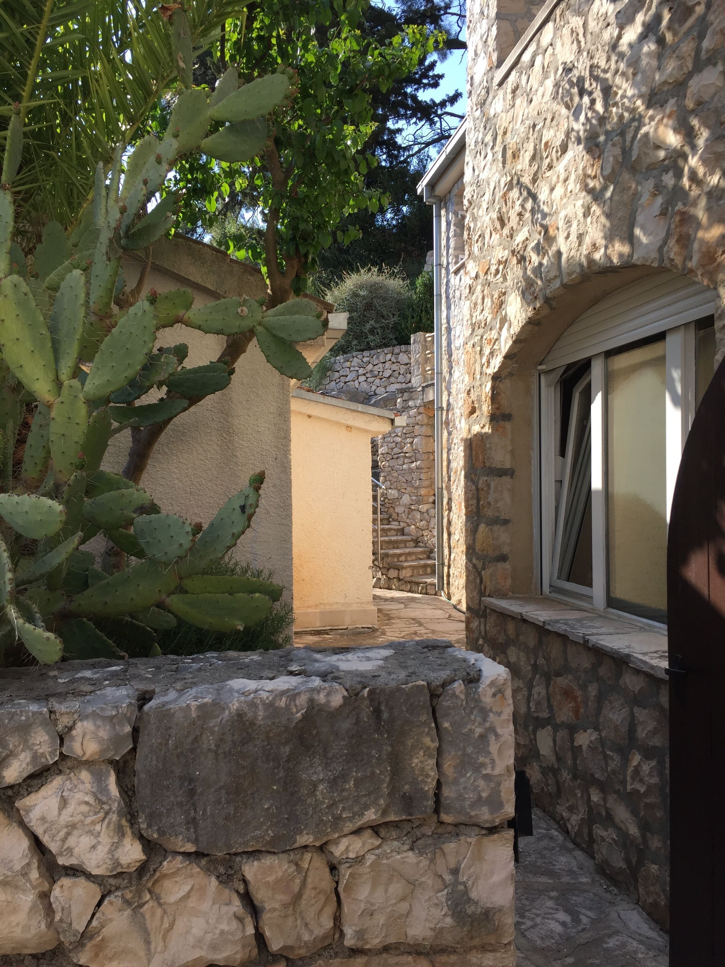 A stone building with a cactus in the foreground, a stone staircase, and a window with blinds.