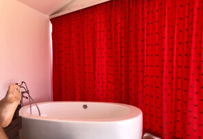 Bathtub, hair dryer, bidet, towels