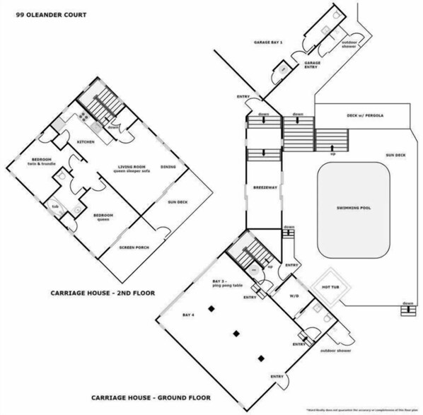A floor plan of a carriage house with a 2nd floor bedroom, kitchen, living room, dining area, and a sun deck. The ground floor includes a swimming pool, hot tub, and outdoor shower.