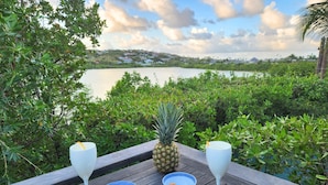 Una terraza de madera con vistas a un lago, rodeada de exuberante vegetación.