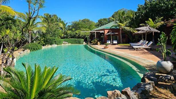 Una piscina azul cristalina rodeada de vegetación tropical, un pequeño edificio con techo verde y sillas de descanso.