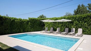 A rectangular swimming pool with a tiled edge, surrounded by a low hedge, and equipped with six lounge chairs and two umbrellas.