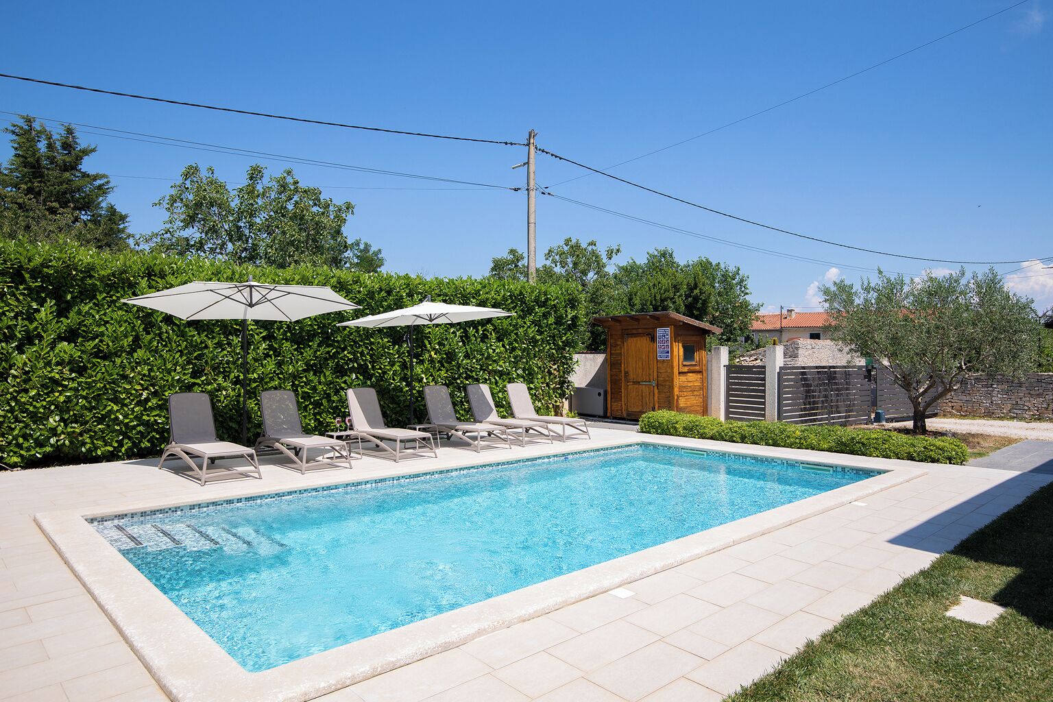 A rectangular swimming pool with lounge chairs and umbrellas, surrounded by greenery and a small wooden structure.