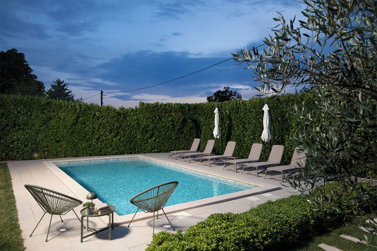 Une piscine rectangulaire, agrémentée de chaises longues et d’une table, entourée d’une haie et d’oliviers.