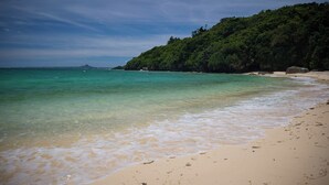 A beach with clear turquoise water, sandy shore, and a forested hill in the background. - RERESO Okinawa churaumi (Motobu)
