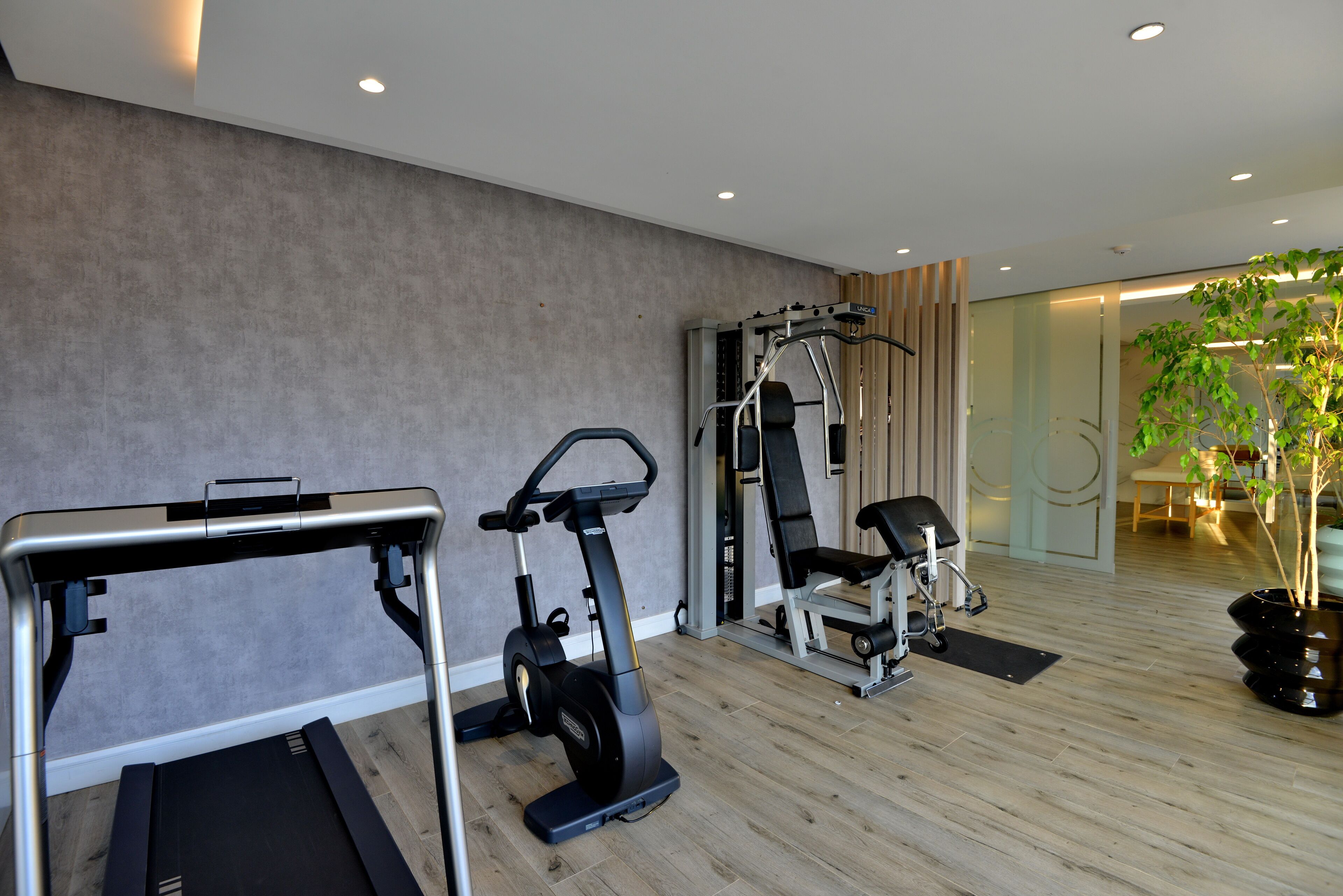 Une salle de sport moderne équipée d’un tapis de course, d’un vélo elliptique et d’appareils de musculation.