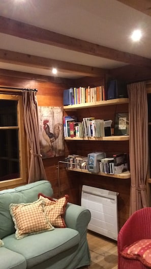 LED TV, DVD player, books, music library