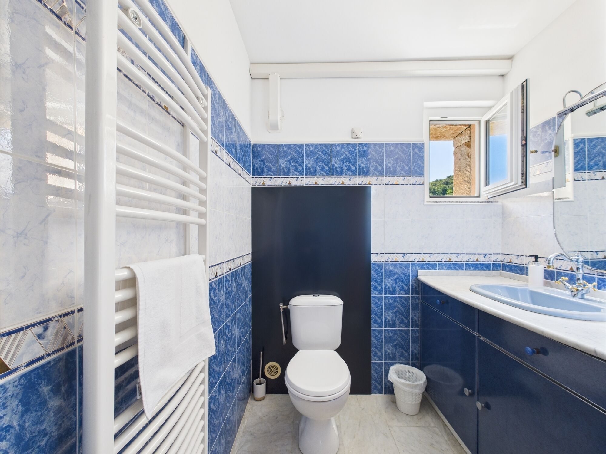 A bathroom with a white toilet, a sink, and a towel rack.